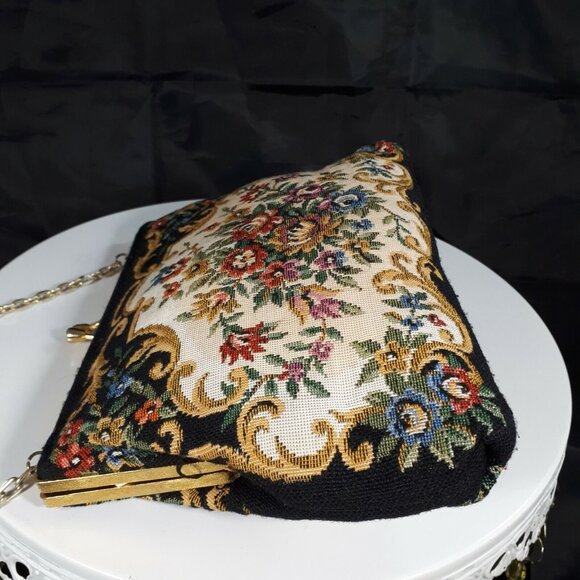 Vintage D-Val Hong Kong Designer Purse Black & Floral Tapestry Petit Point - Picture 5 of 7